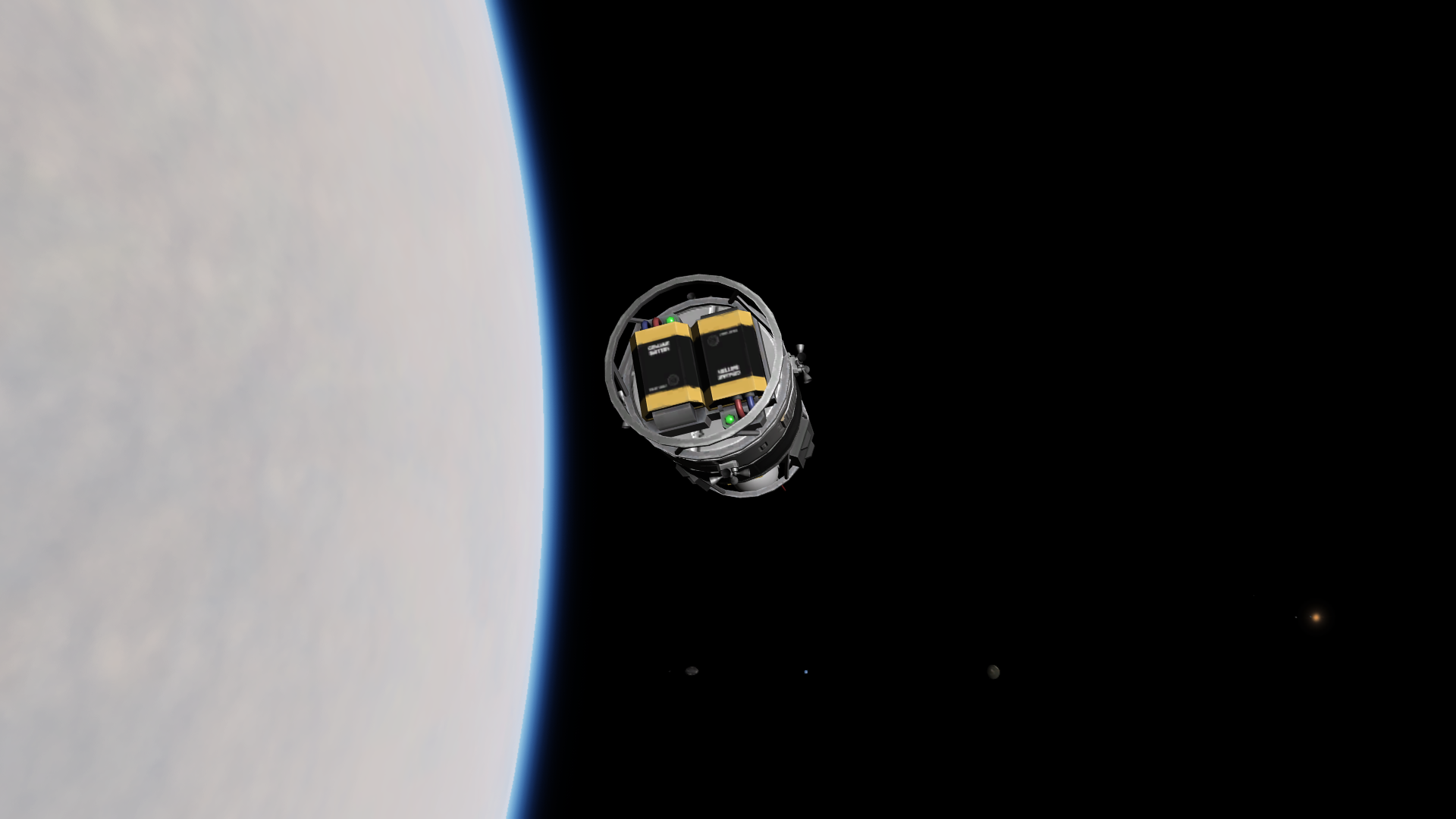 The satellite in Derbin orbit- with Mesbin, Kerbmun, and olive-colored Dermun each visible at about the same size as well as orange Gememma shining down.