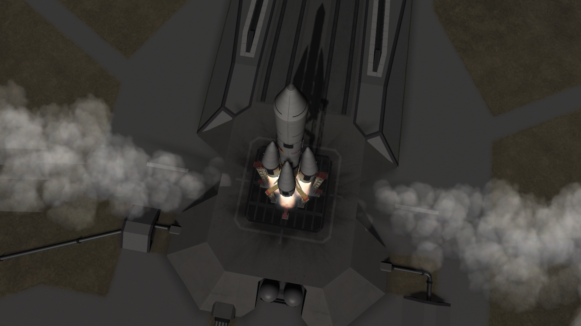 Another five-core rocket ascending from the pad, viewed from above.