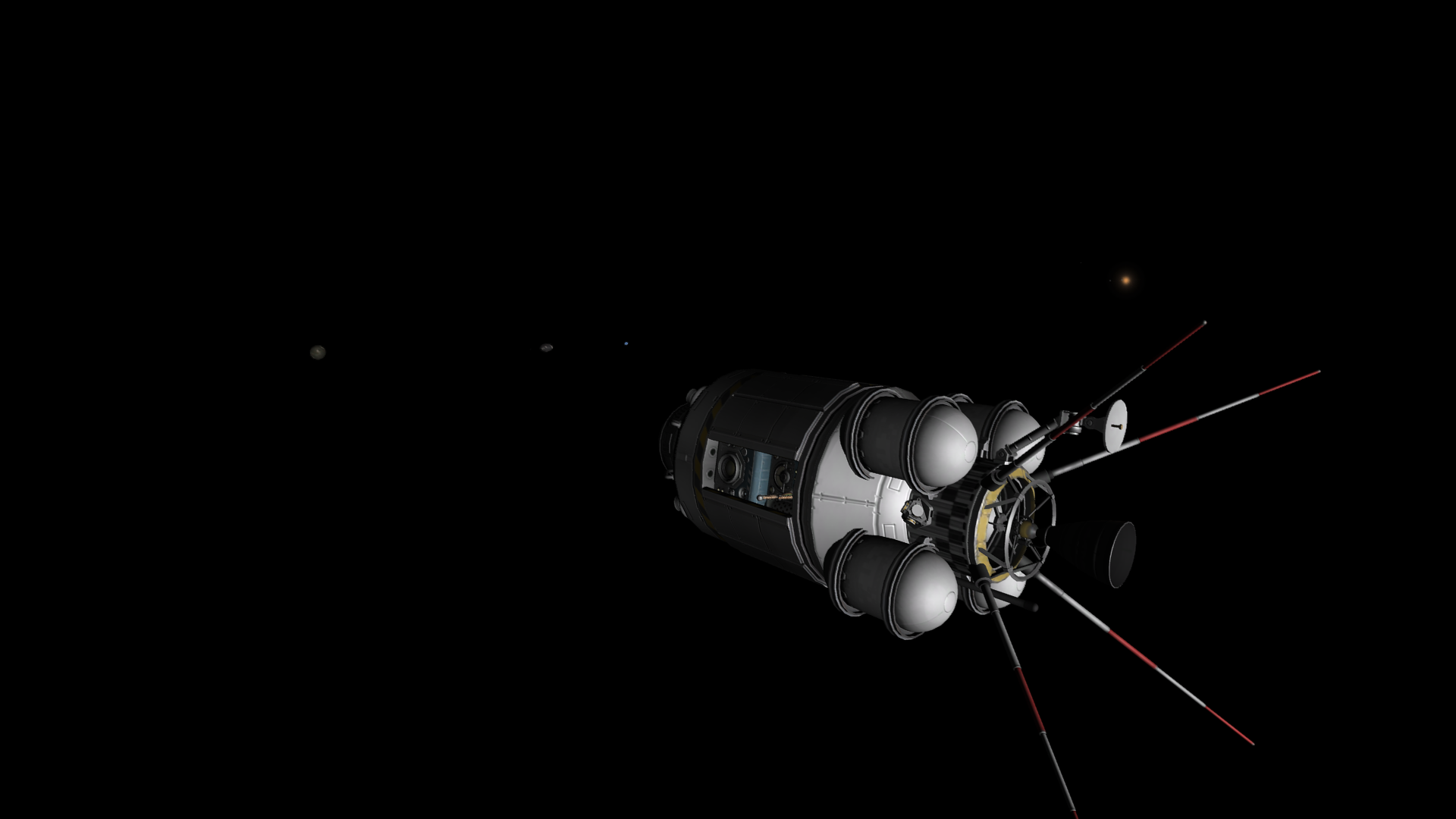 The spacecraft from the back, showing off its four oblong fuel tanks and with Dermun, Mesbin, Kerbmun, and Gememma visible.