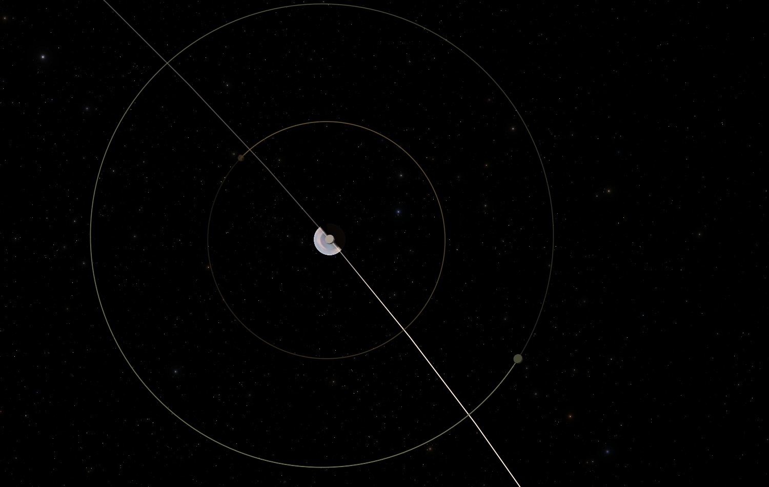 A close-up of Derbin and its moons. Derbin is swaddled in white-cream-grey clouds, but Derminmus and Dermun are only visible by their brown and brown-green orbit lines respectively.