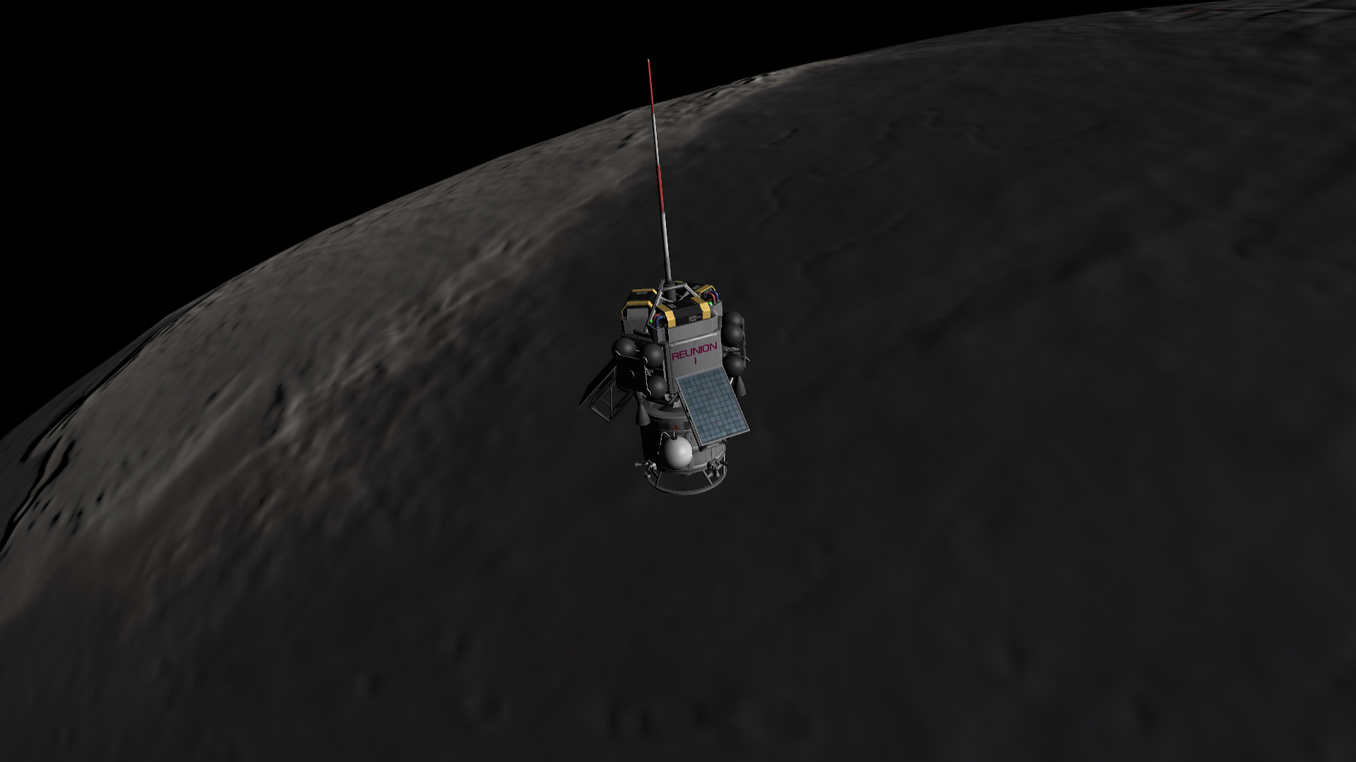 The probe- here its name, Reunion 1, can be seen- soars high over Mesbin, three batteries and an antenna platform prominent in its middle and the rocket pack revealed to have a small set of thrusters for aiming and fuel tanks for the thrusters to feed from. Mesbin's terrain, here several rille-canyons in the dark basalt ocean and the bulk of a lighter continent to the north, fills most of the shot.