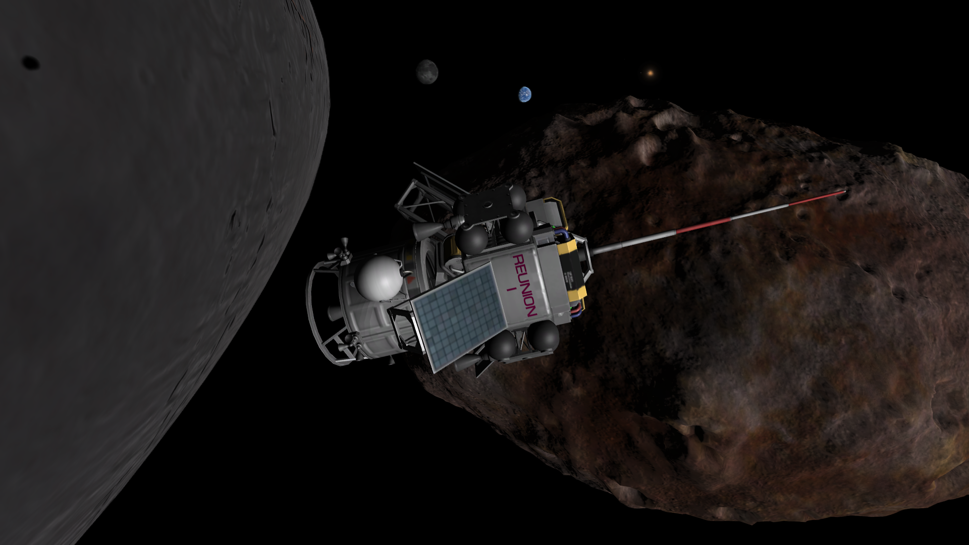 Reunion 1 over Statmun. Statmun is roughly potato-shaped, a cratered metal mountain in shades of red, orange, mauve, and yellow. It has craters, plains, little hills of its own. The spacecraft's seismometer is visible, wedged on a tiny triangular platform that also braces the probe against the rest of the rocket pushing it. In the background are moonlike Graymun and blue cloudy Kerbmun.