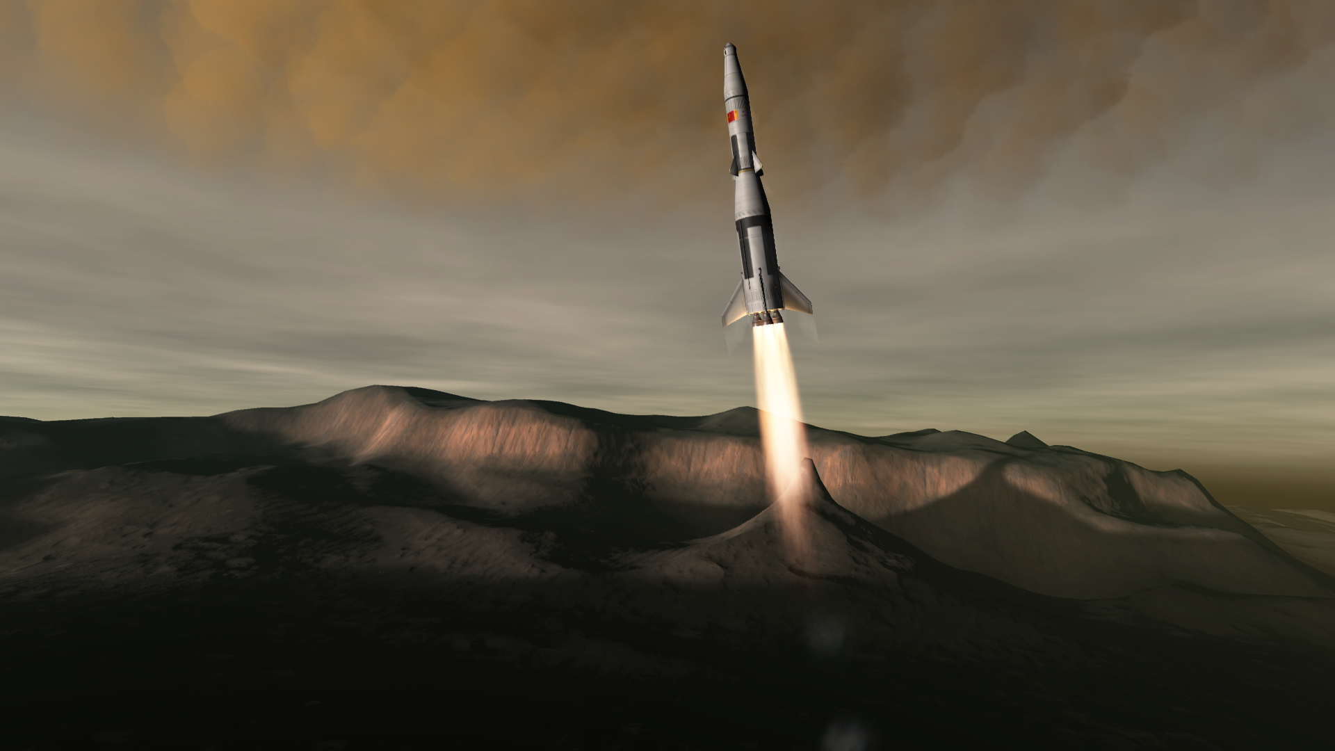 A near-identical rocket soars into the sky. The view is askance, looking at the mountain range in the near distance.