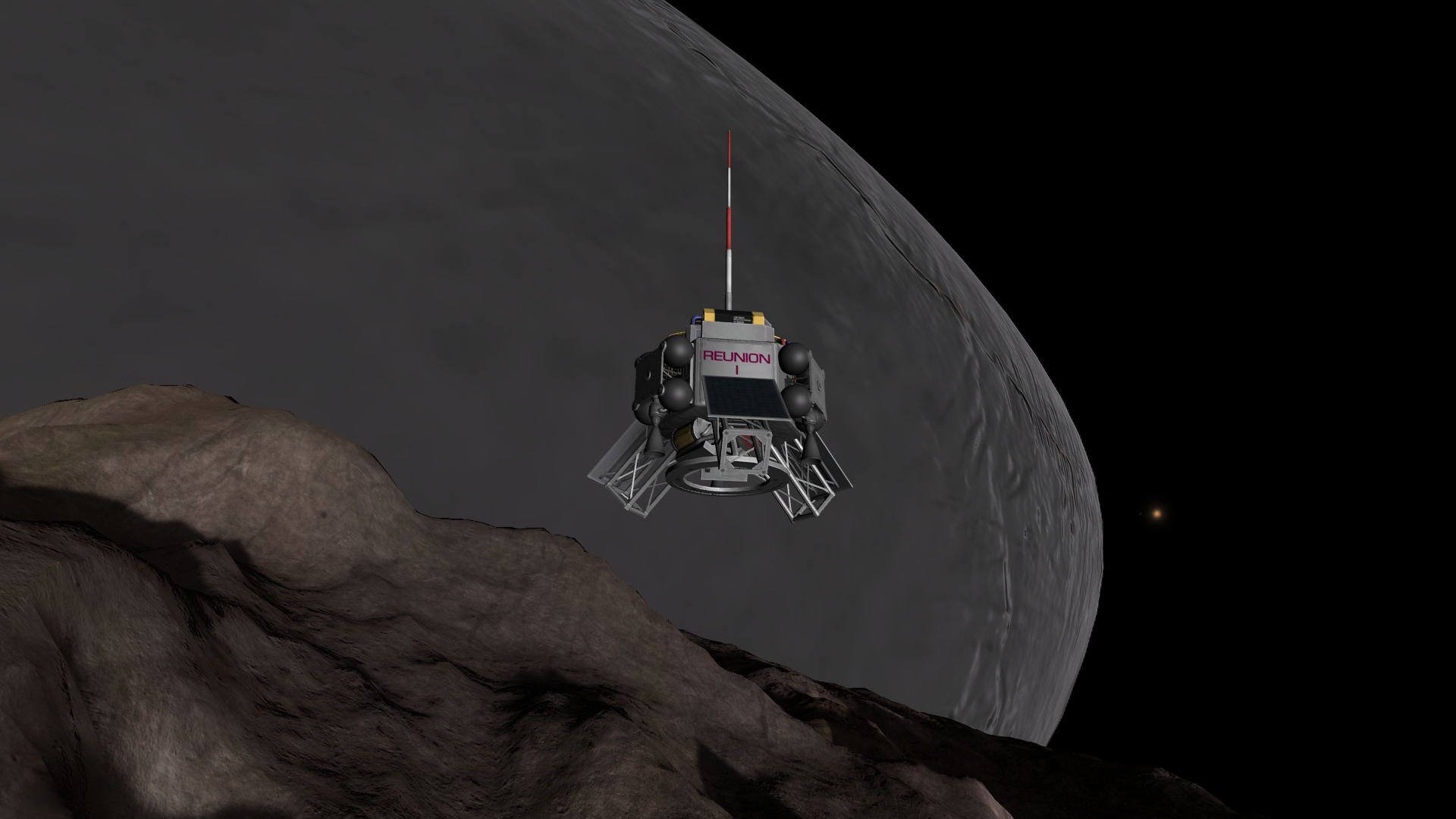 The probe descending towards some of the more beige parts of Statmun, a tall hill in the background. The rocket pack has been shed, revealing the circular bottom of the probe's triangular science platform beneath the probe core itself.