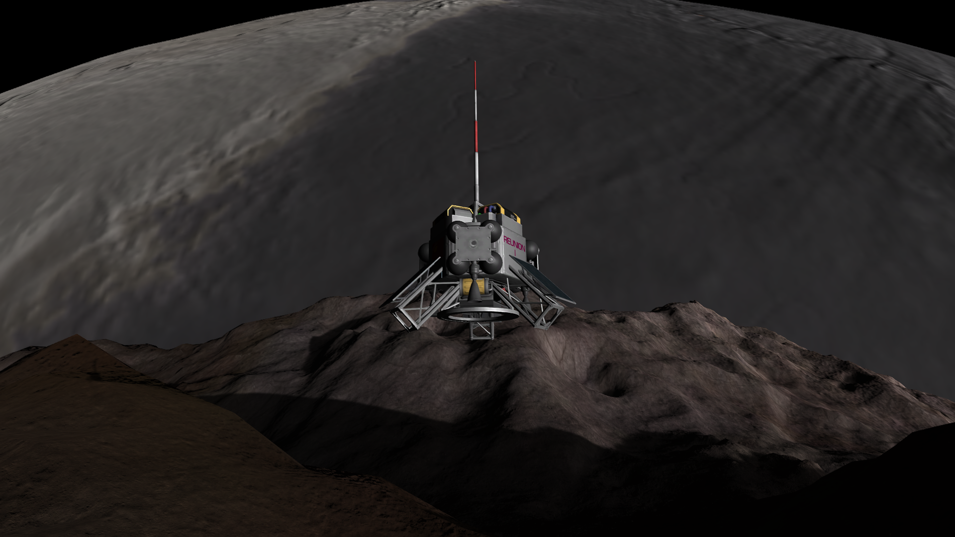 The spacecraft flying again, mauve and beige hills of metal in the background. Mesbin takes up most of the top half of the image, a midocean ridge and continent plainly visible.