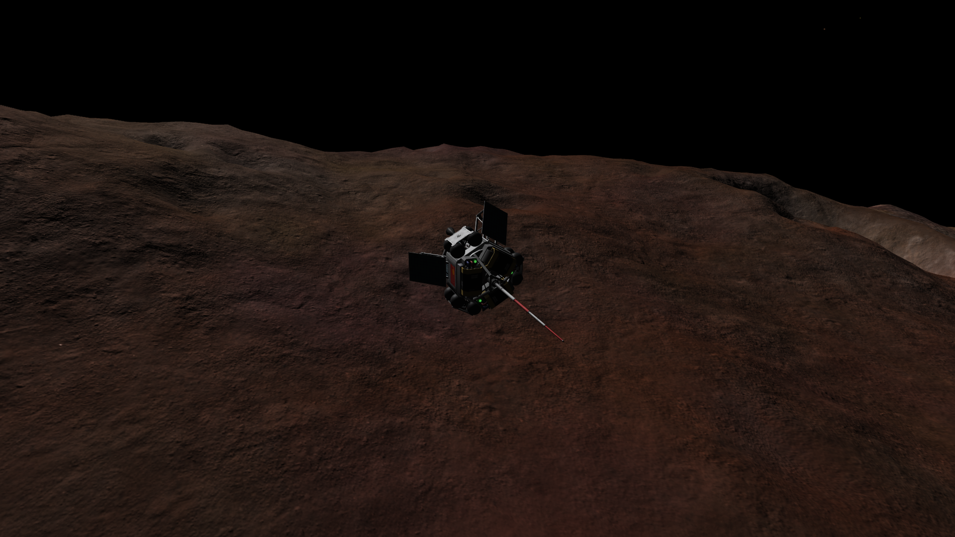 The probe flying backwards over more red-orange terrain.