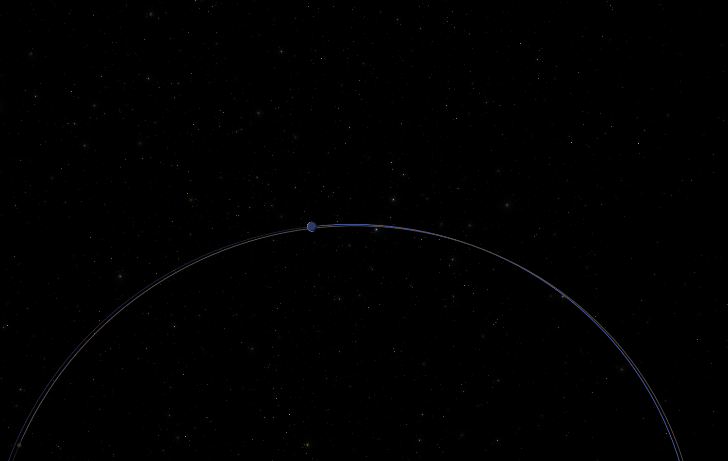 A view of Kerbmun's orbit around Mesbin. Brown Troymin's marker is visible at the bottom left. Kerbmun is in the center, mostly occluded by its marker- but its clouds and oceans are visible.