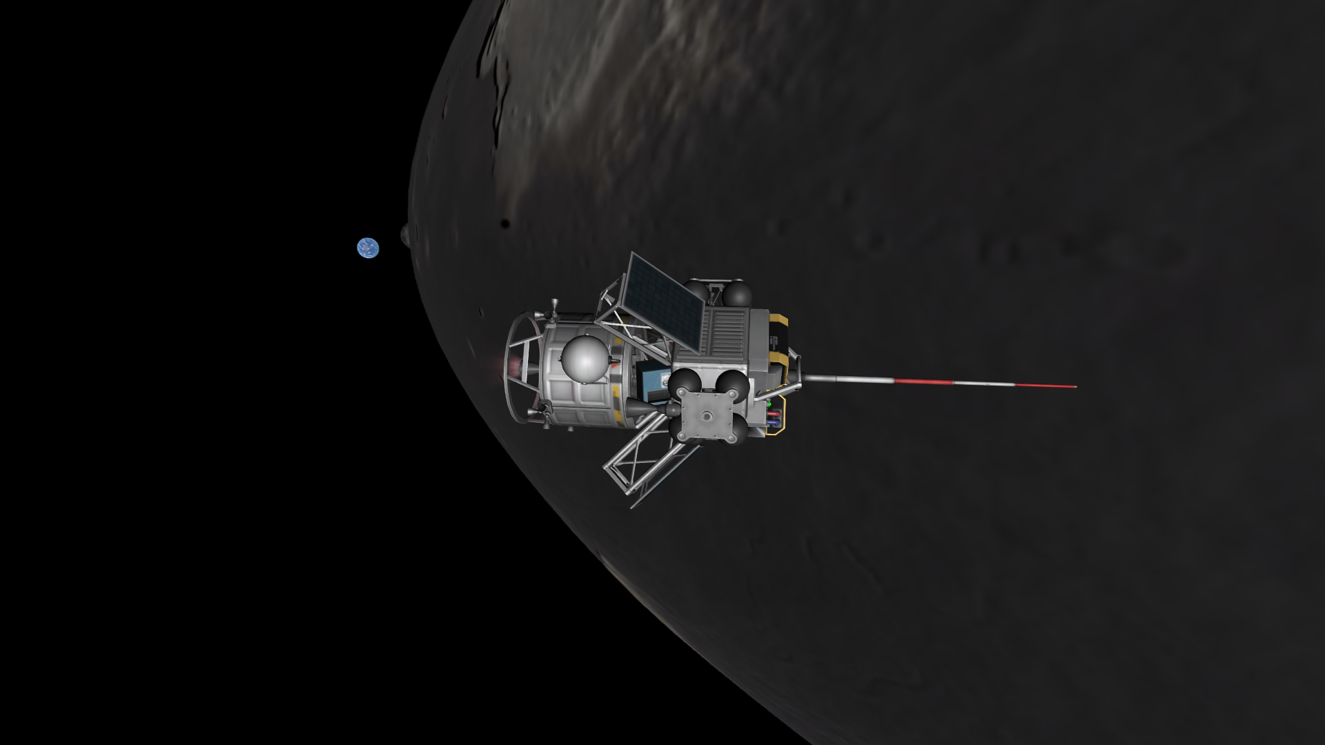 Reunion II braking with the rocket pack as it approaches Statmun. Graymun is setting behind Mesbin, and Kerbmun's not far behind- and Statmun's shadow can be seen on Mesbin, about as large as the smaller craters on Mesbin's surface.