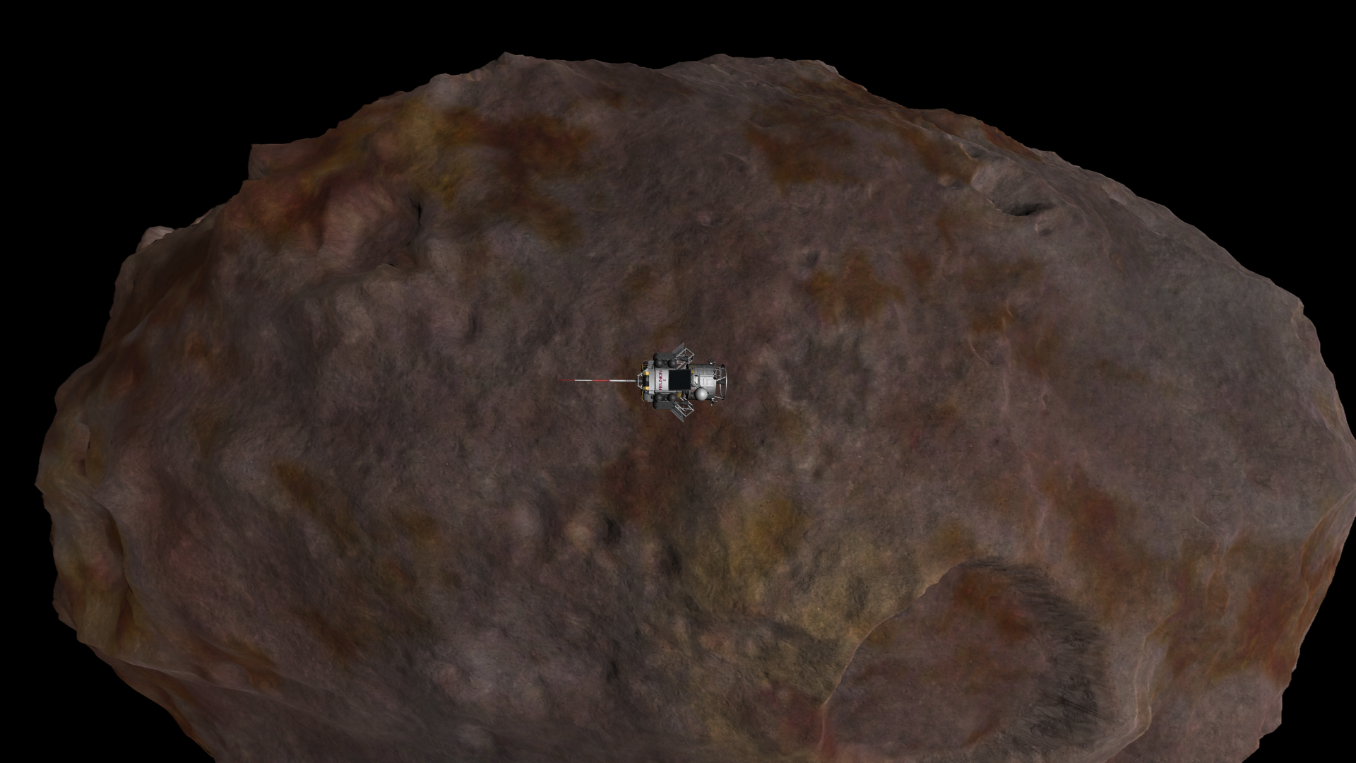 Reunion II over the mass of Statmun. Ridgelines can be seen on the mostly mauve surface, and there are many craters of varying sizes. Most prominent is a huge slightly southern crater taking up almost a fourth of the total width of the moon, with a bright yellow patch on its northwestern side.