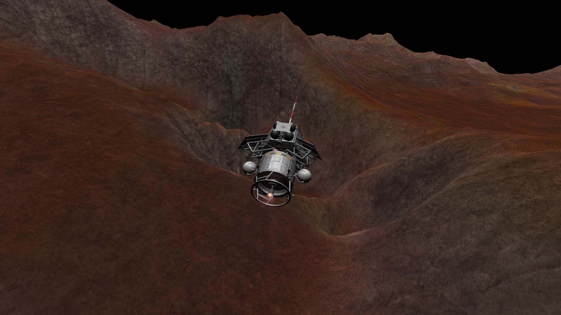 Maneuvering in the bowl of a large russet-floored crater, towards two smaller connected craters deep on the edge of the rim.