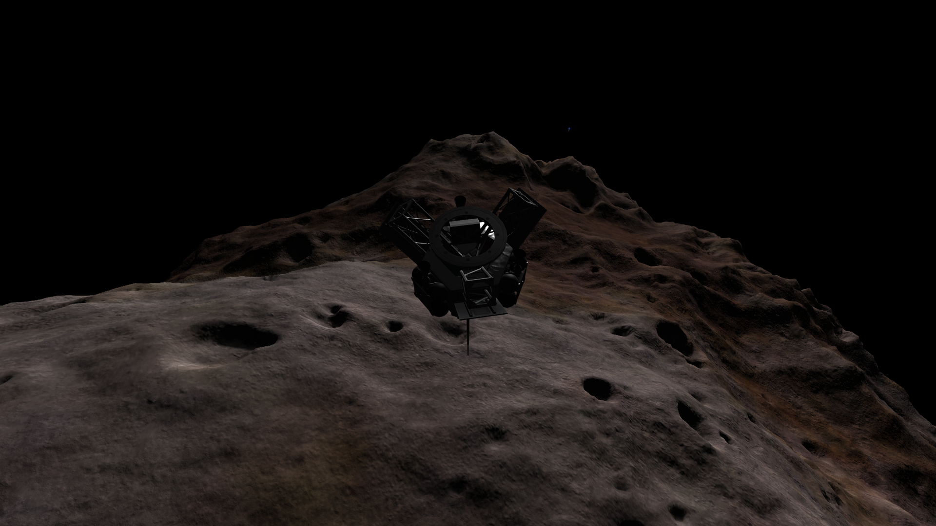 Statmun stretches out below the spacecraft, an odd rumpled mountain in mauves and browns.