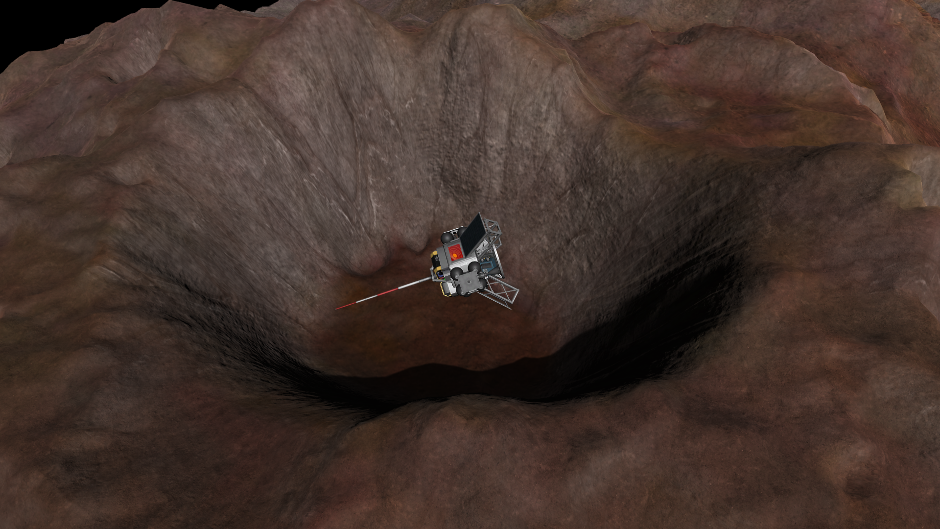 A deep crater on Statmun, floored in red and walled in mauve. Reunion II moves to head down into it...