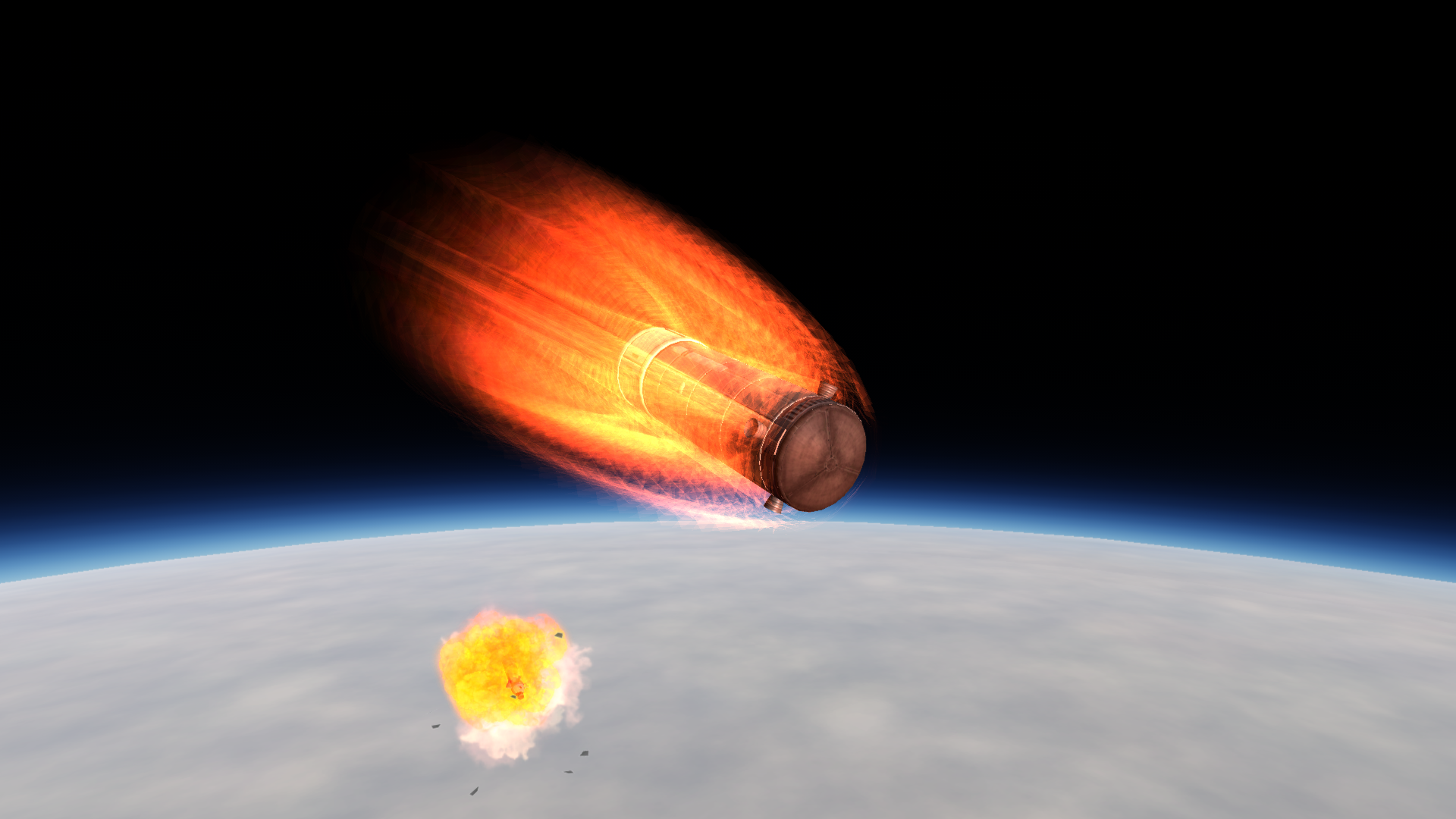 Another cylindrical probe re-enters, its rocket upper stage exploding in the background.