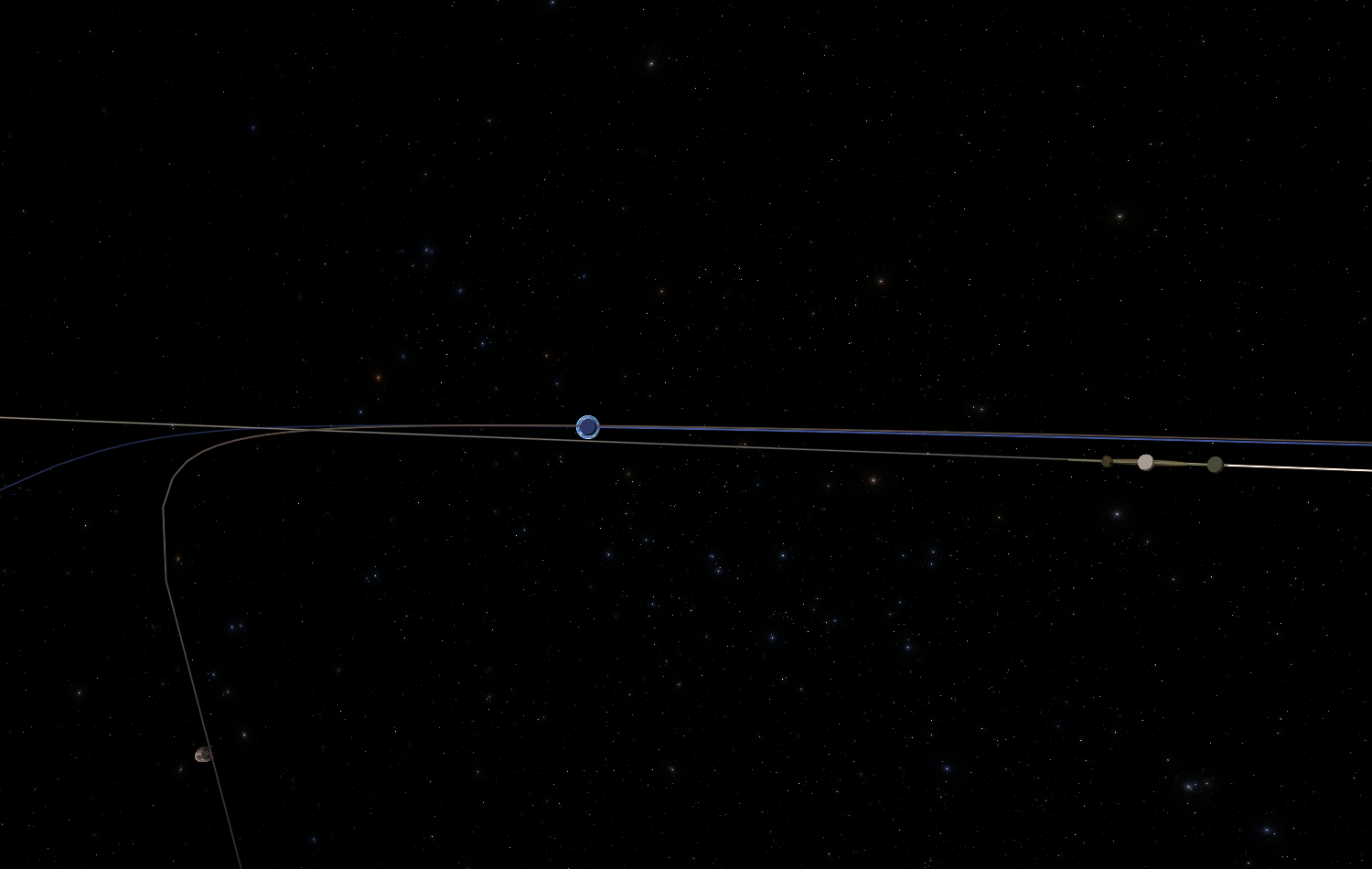 An oblique view centered on Kerbmun. Brown Troymin is visible as an asteroid in the bottom left, and Derbin and its moons are highlighted on the right. Kerbmun is in the center, partly occluded by its marker- but its clouds and oceans are visible.