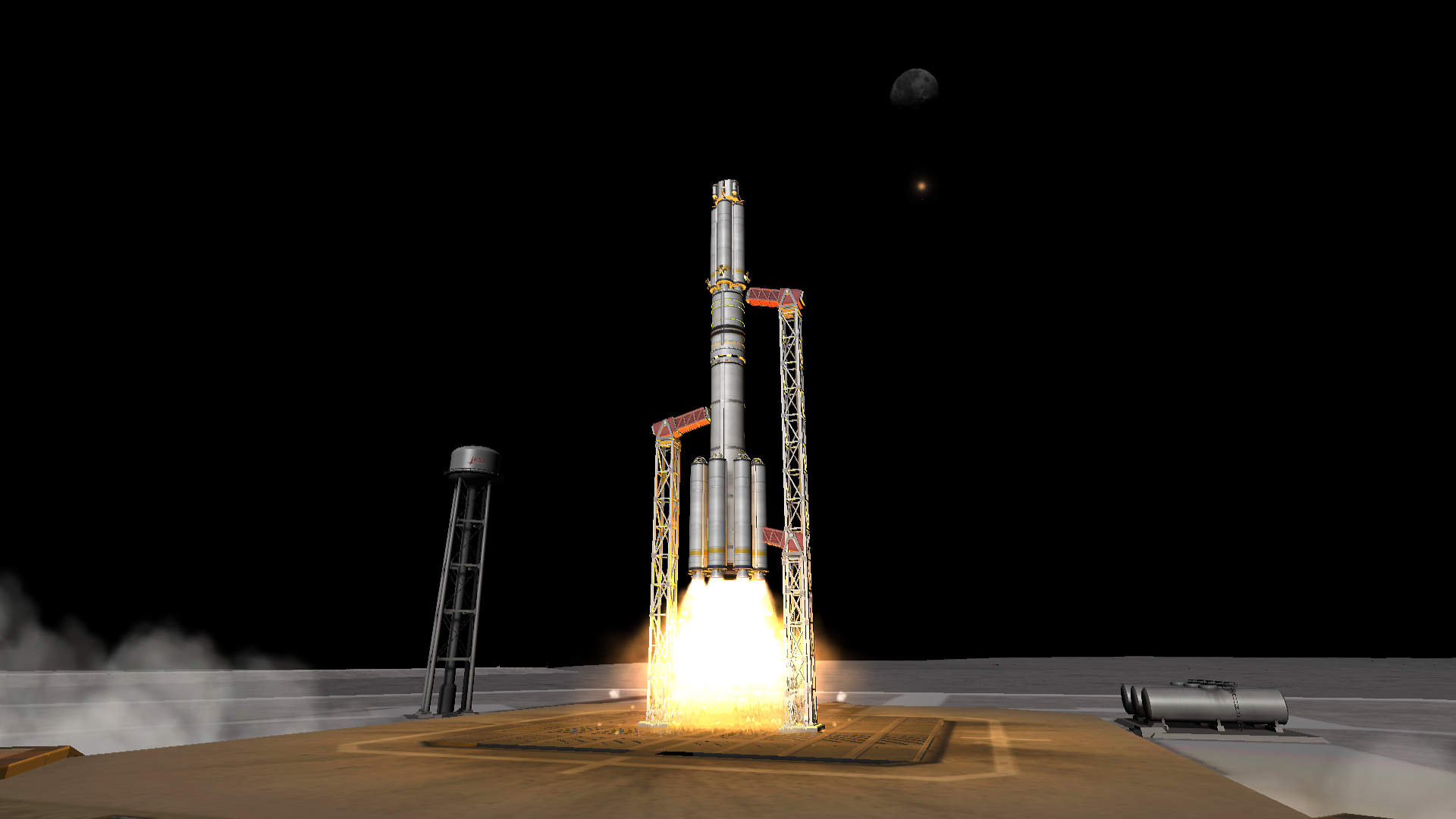 A larger rocket- an octagonal probe at top, a bundled four-solid solid rocket stage, two cylindrical solid rocket stages for achieving orbit, and eight smaller boosters around the bottom stage- lifts off, with moonlike Graymun and the star Gememma visible in the sky.