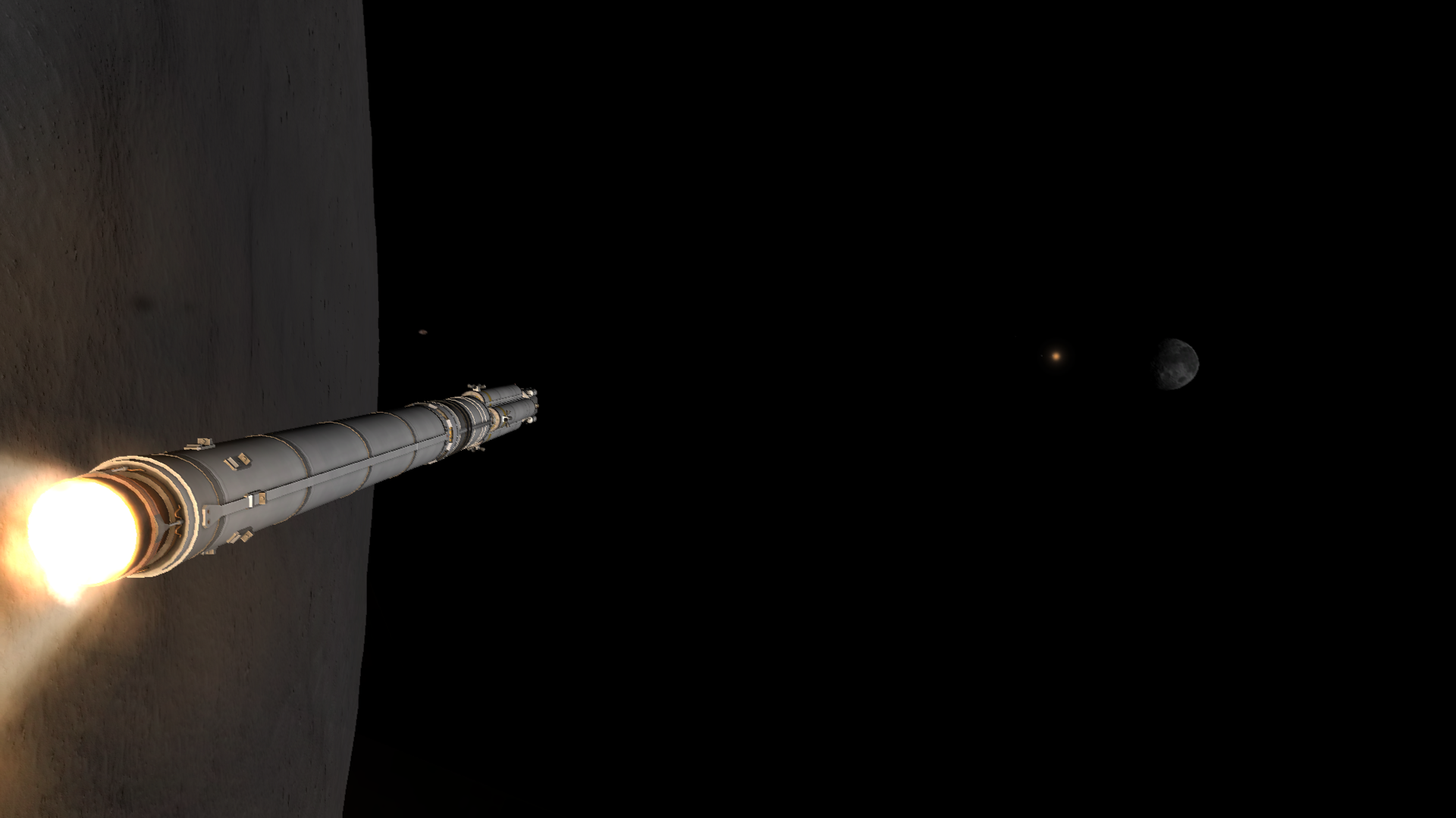 The longer bottom solid rocket booster burns, its eight side boosters detached. Mesbin is like a wall on the left of the image, while one of Graymun's larger basalt-floored 'seas' is visible covering much of its disk.