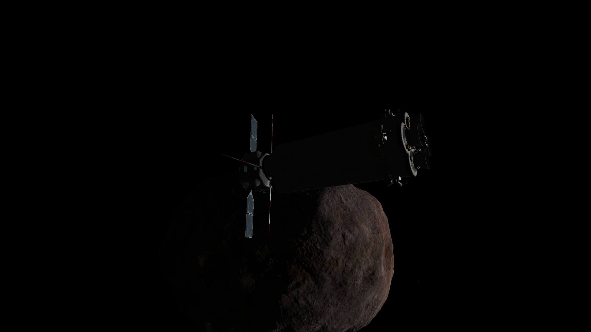 An oblique view of the knob-shaped part of Statmun, in rusty near-mauves, with one large crater visible as the spacecraft speeds by.