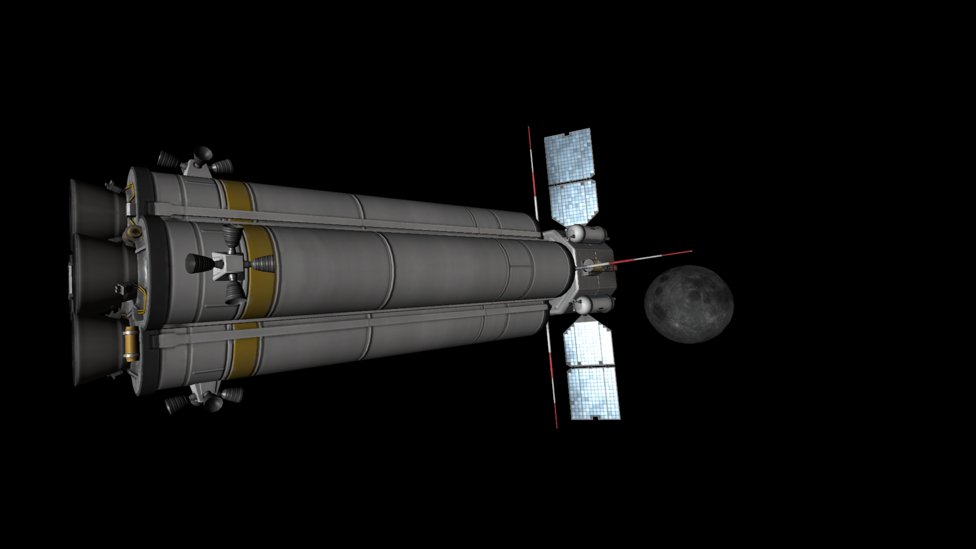 A side view of Outreach VI and its still-attached upper stage, four little antennae and the cylindrical science equipment visible. Graymun is in full-disk splendor, with three major seas visible on its left side and the last stretches of its inner-hemisphere 'ocean' visible on the right.