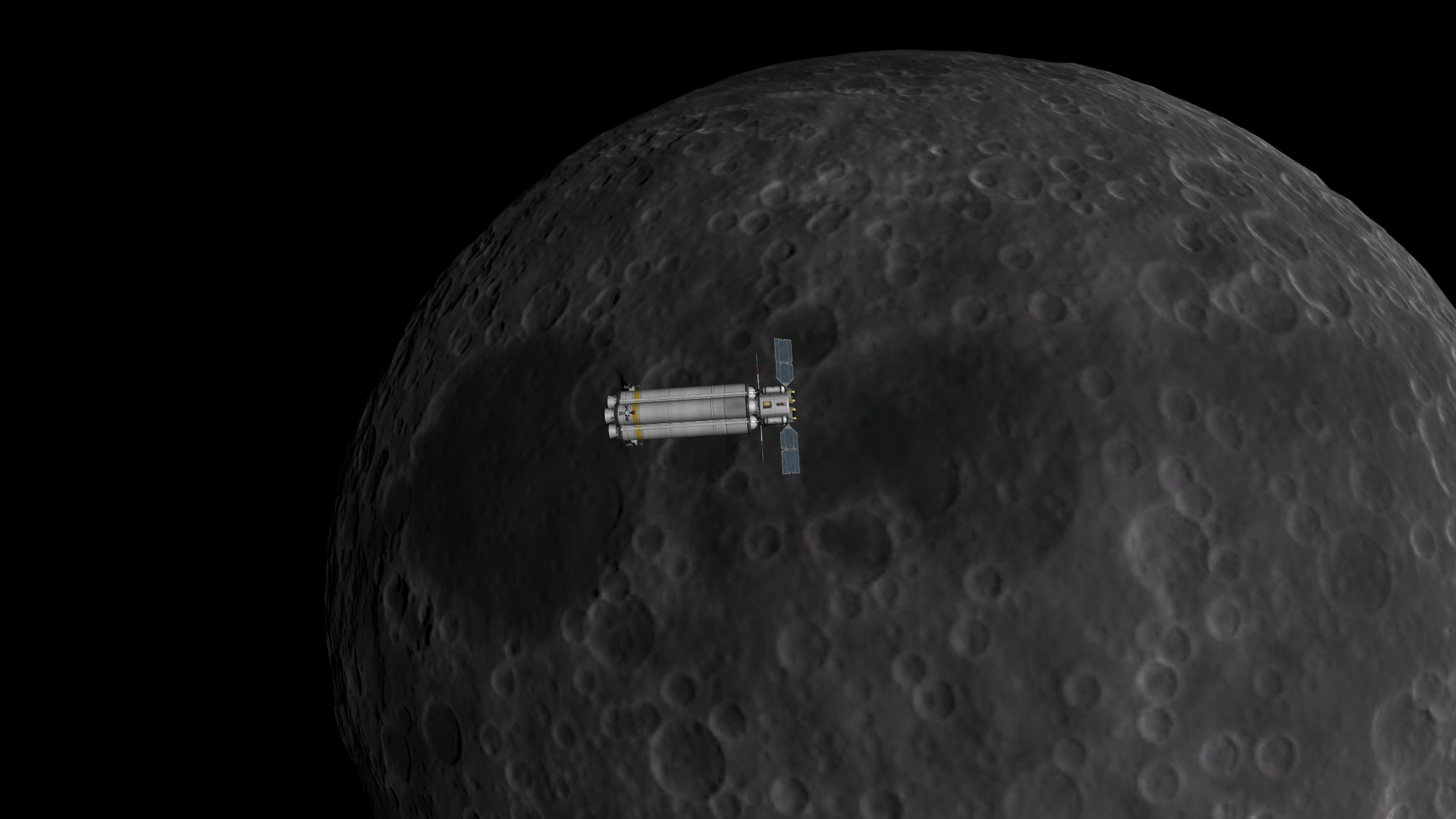 Graymun up close, with Outreach VI relatively small. Its surface is shades of grey from light highland to dark basalt sea, with two prominent basins visible just below the spacecraft. A third sea is in a visible depression towards the north pole.