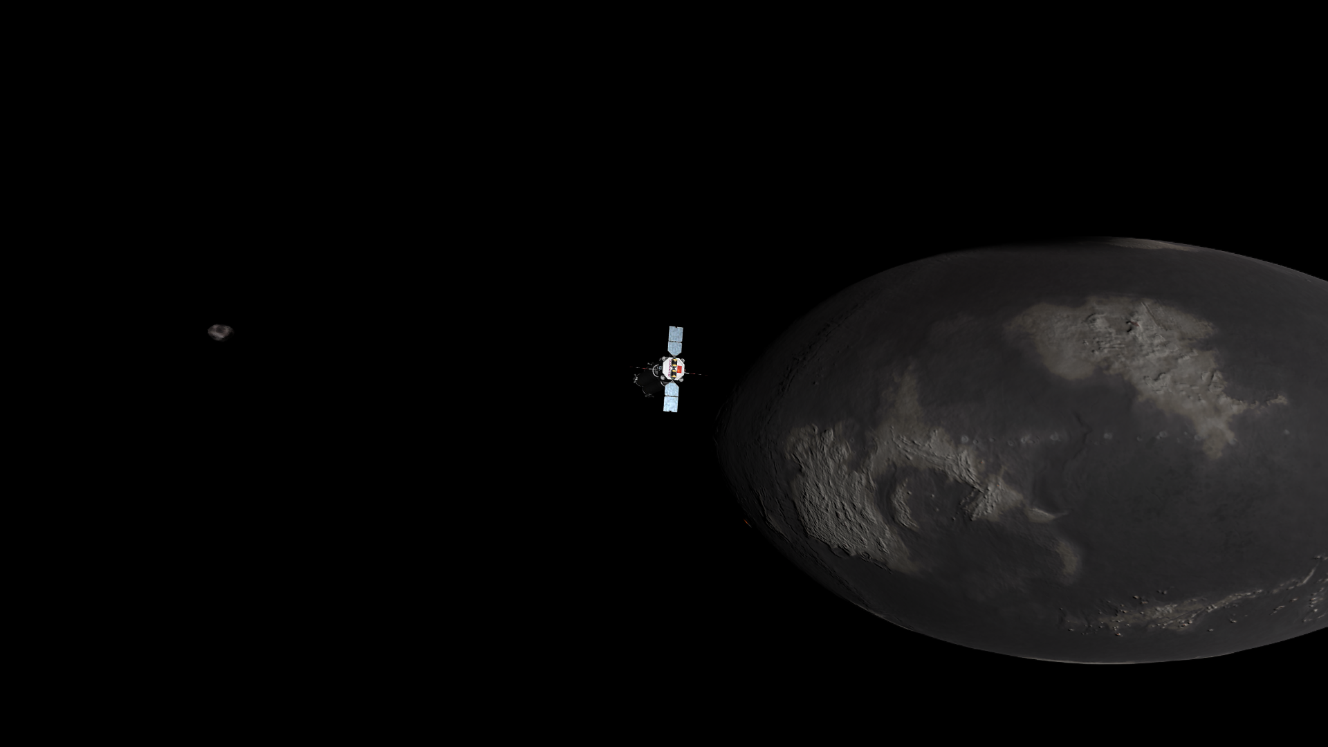 Thresomin as a little reddish-grey ball, features barely visible. To the right is Mesbin, still huge but not taking up everything- oceanic ridges are visible, as are rugged continents and islands. In the north a vast shadow plays across the surface, Kerbmun eclipsing Kaywell.