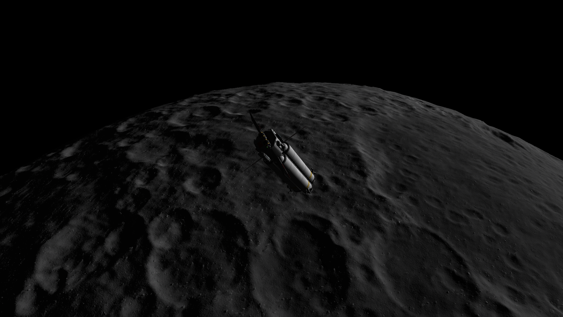 A close view of Graymun, one where it fills the view. A sea is visible to the right, filling the bottom of a large basin; in the center is a squarish region of relatively uncratered terrain. Around are many craters of varying sizes, and in the middle is the spacecraft and its upper stage sliding towards the unlit left side.