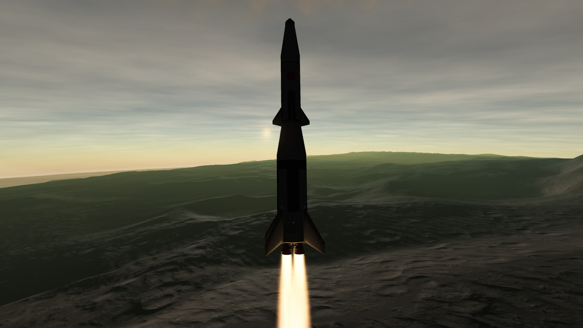 A third similar rocket flies upward, the ground nearer the horizon tinged green by the atmosphere in the way.