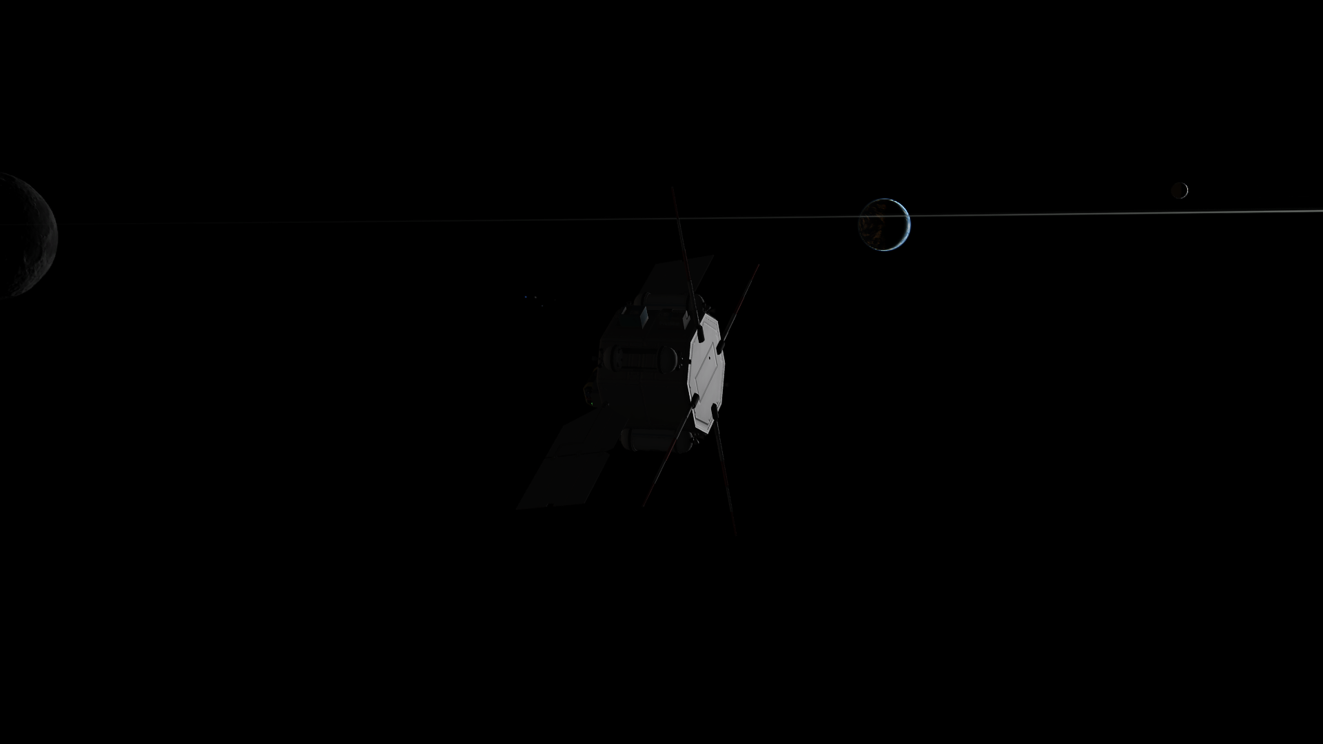 The spacecraft, having cast off its upper stage, in deep space. On the far left is a crescent Graymun, while Mesbin's slightly-green rings cut like a needle across the right side of the view- bisecting a thin crescent Kerbmun. Derbin, its distance making it the smallest of the three, is above the rings.