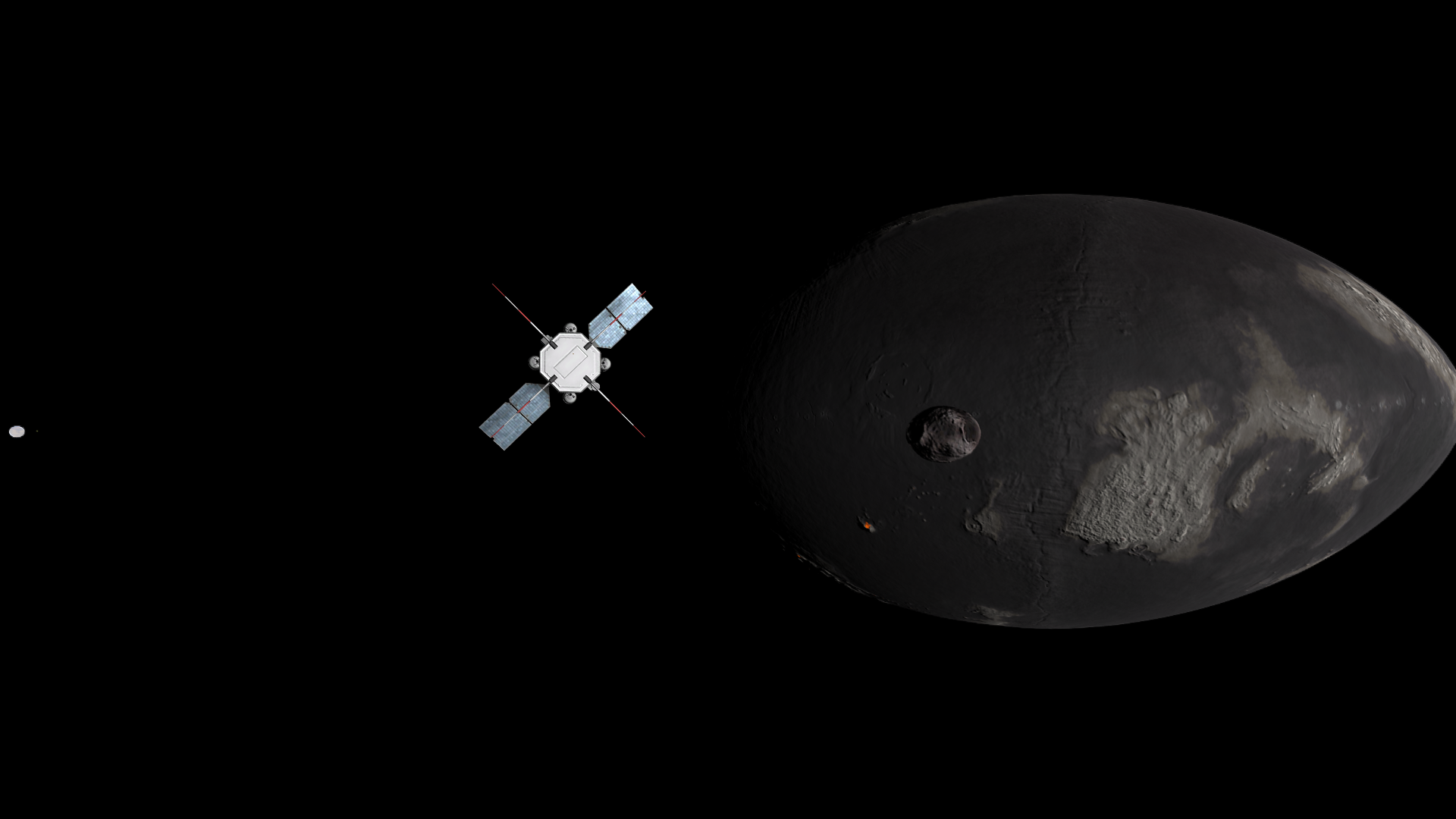 The spacecraft fully lit, its solar panels and antennae shining as well as the bulkhead that connected it to the upper stage. On the far left is a full-face Derbin, the speck of Dermun barely visible; to the right is most of Mesbin in its particular lentil-like glory with a long midocean rift bisecting the planet. Continents, islands, craters of many sizes, and a single volcano are visible. Thresomin overlaps the ocean of Mesbin, one large dark crater and features like reddish midlands and lighter ridges visible on its own surface.