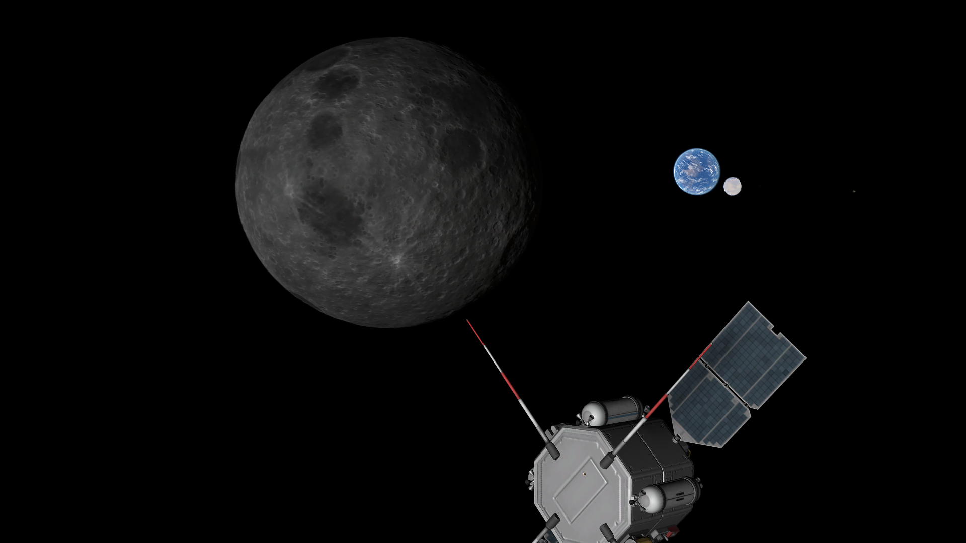 A zoomed-in view of Graymun- taking up much of the shot, with its circular seas about the visual size of Kerbmun and Derbin. Kerbmun and Derbin are together to the side, looking for all the world like a pair of cloudy worlds on their own. Derbin is smaller still, about the size of one of Kerbmun's continents- and off to the side is a little greenish dot that must be Dermun.