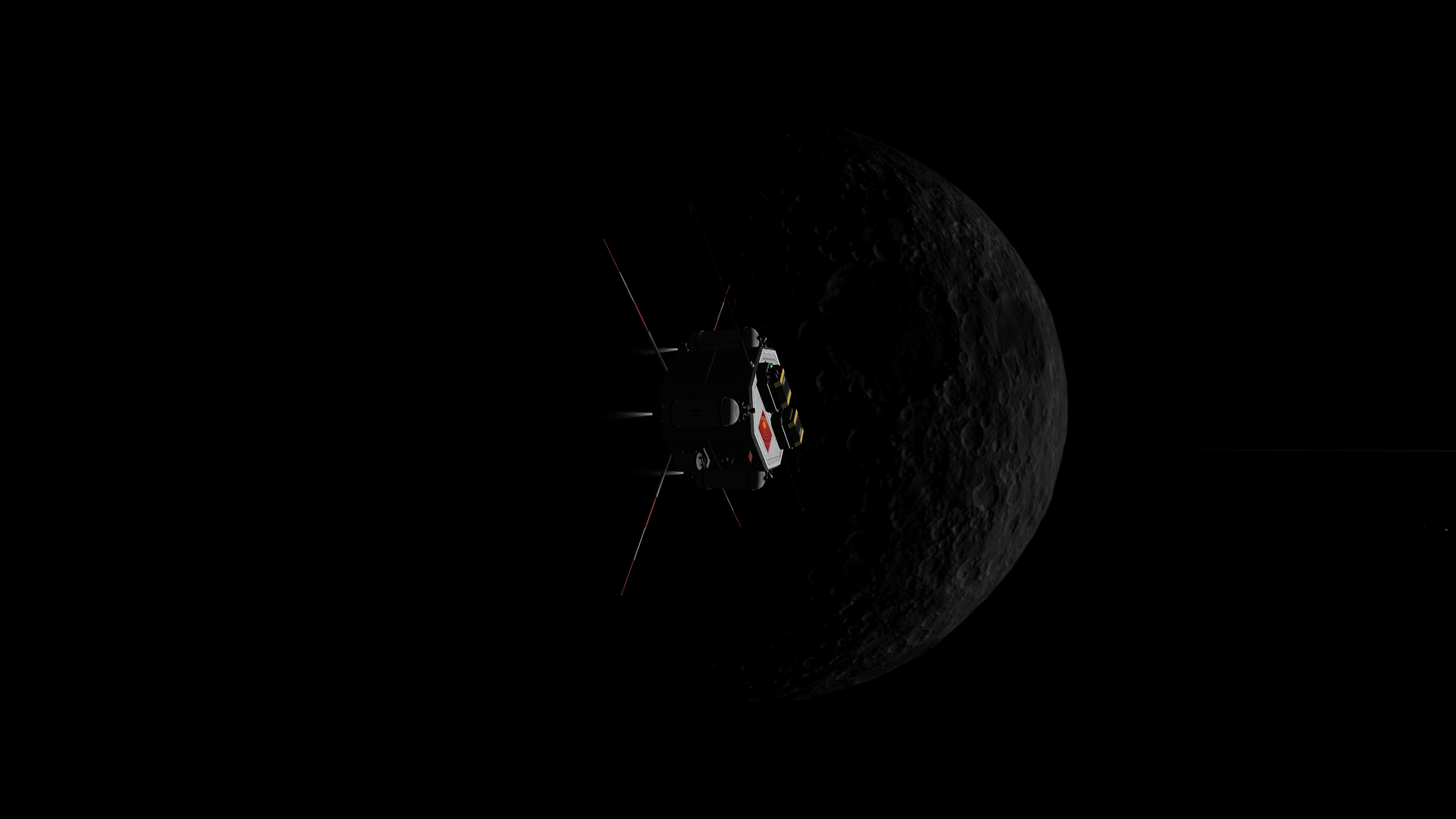 The spacecraft's thrusters fire while Mesbin is occluded from view by a crescent Graymun.