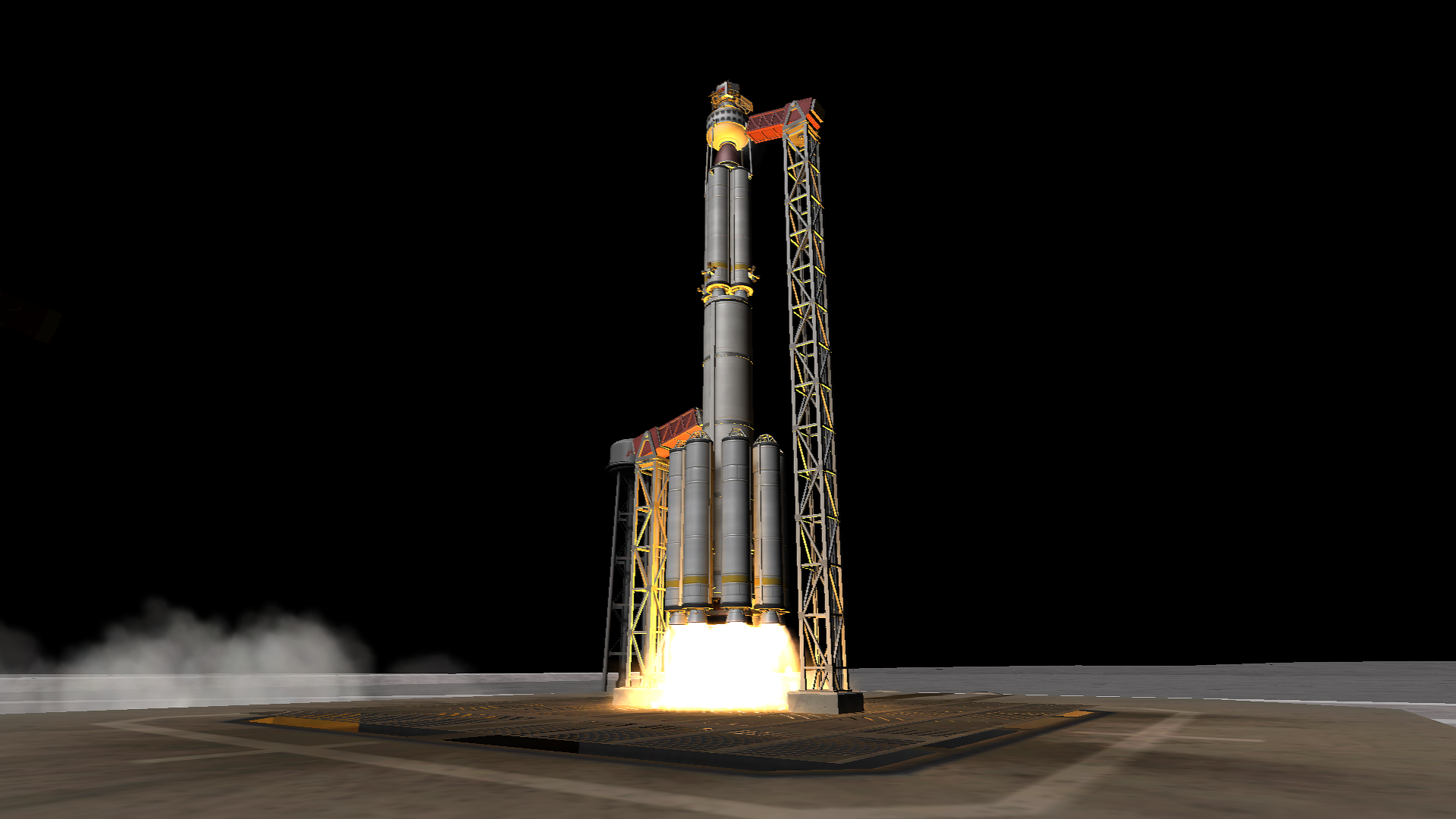 A tall, multi-stage rocket of a similar type to the previous one- this one with the eight-side-booster assembly around a long solid rocket booster, topped by a bundle of four boosters; with a spherical booster on top and finally a hexagonal lander probe on top of that- taking off from the pad, washing it in yellow light.