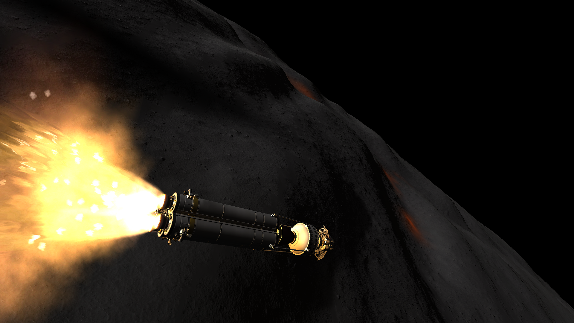 The bundled boosters firing over Mesbin's surface. Hills are visible in the background, and notably prominent are lava tube rilles still glowing red.