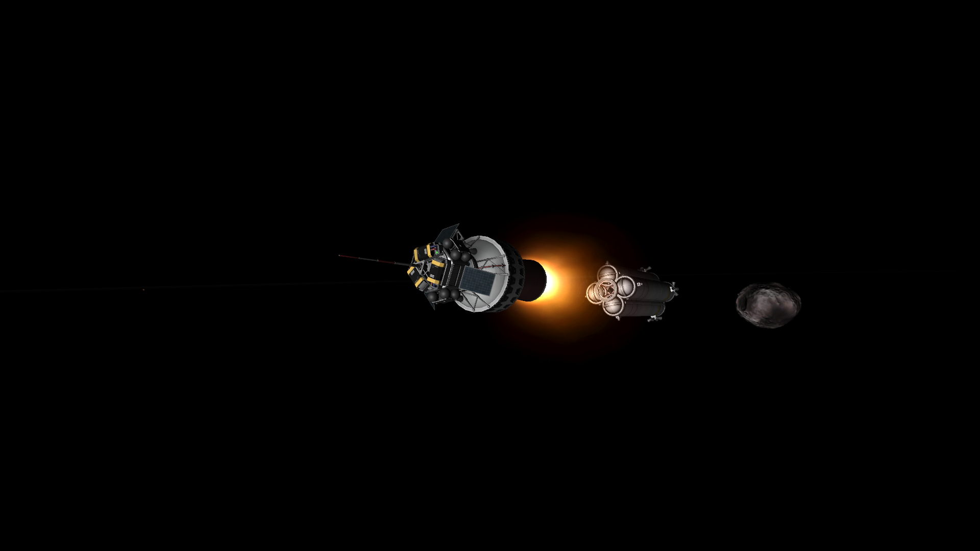 As slightly red Thresomin zooms closer, the booster bundle is discarded and the spherical booster fires to place the probe into Thresomin orbit.